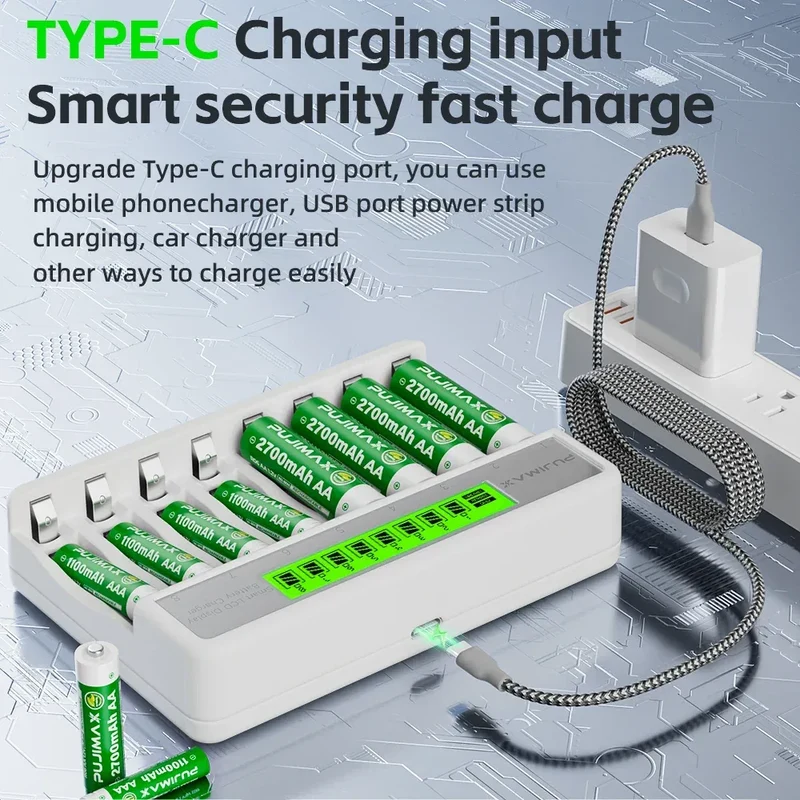 PUJIMAX 8-Slots LCD Display Fast Smart Battery Charger Type-C Charging For 1.2V Ni-MH Ni-CD AA AAA Rechargeable Battery Charger