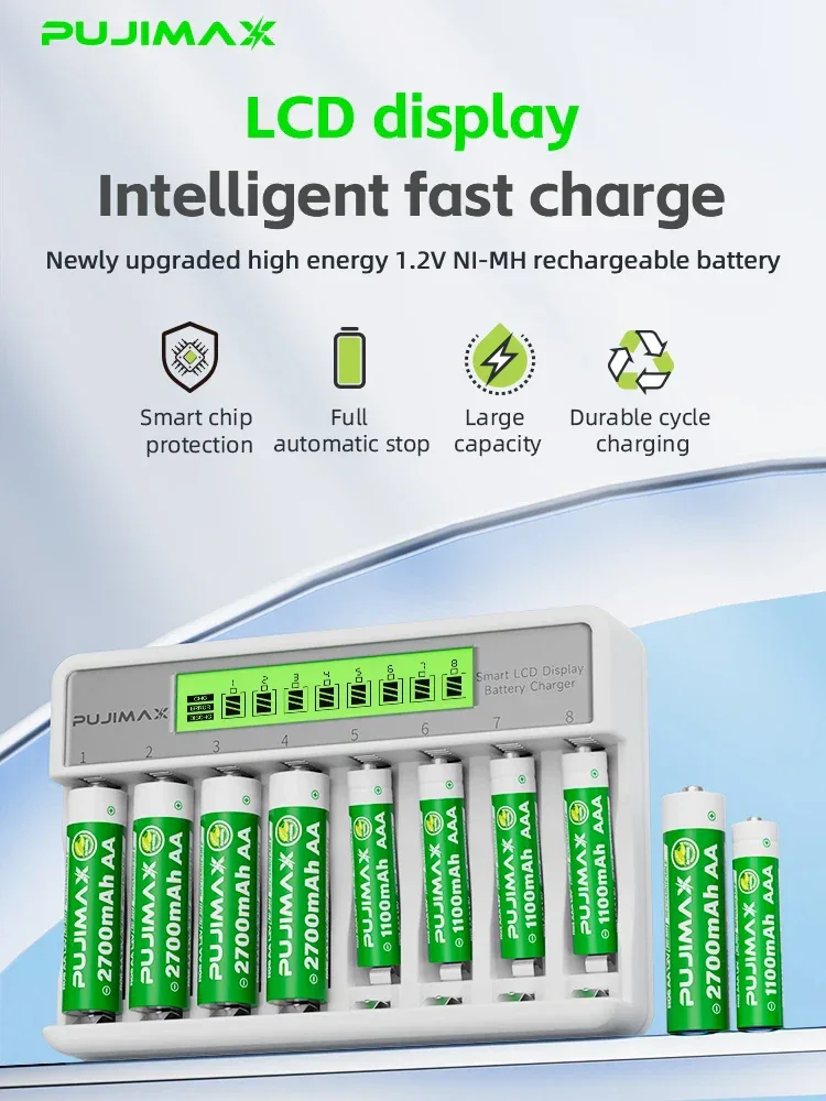 PUJIMAX 8-Slots LCD Display Fast Smart Battery Charger Type-C Charging For 1.2V Ni-MH Ni-CD AA AAA Rechargeable Battery Charger