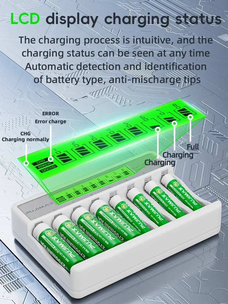 PUJIMAX 8-Slots LCD Display Fast Smart Battery Charger Type-C Charging For 1.2V Ni-MH Ni-CD AA AAA Rechargeable Battery Charger