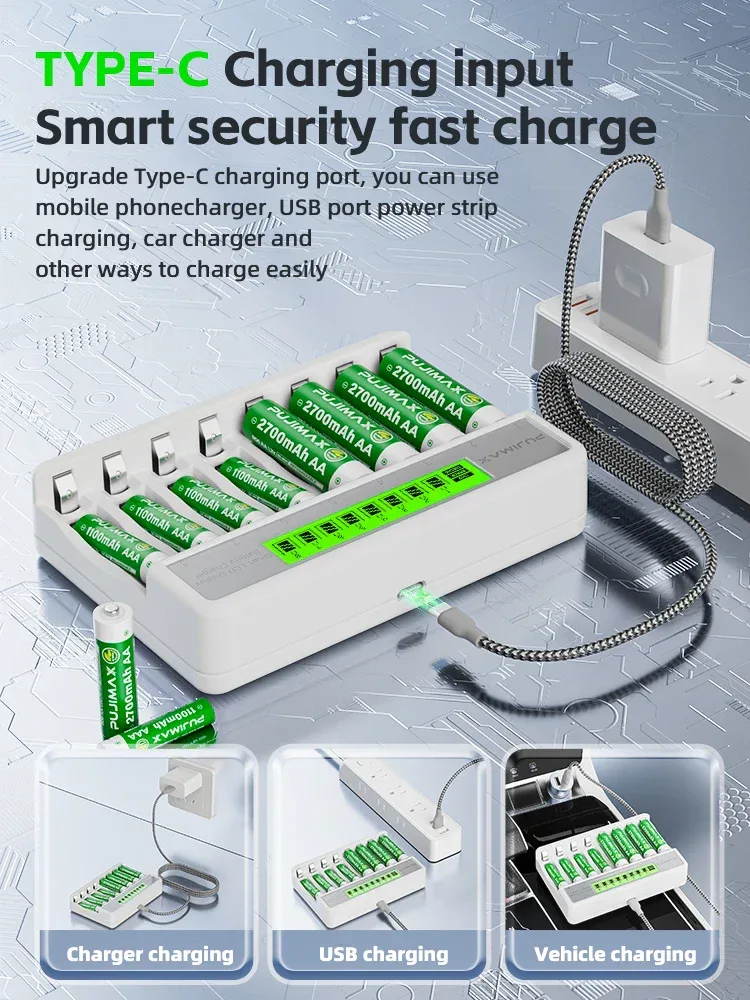 PUJIMAX 8-Slots LCD Display Fast Smart Battery Charger Type-C Charging For 1.2V Ni-MH Ni-CD AA AAA Rechargeable Battery Charger