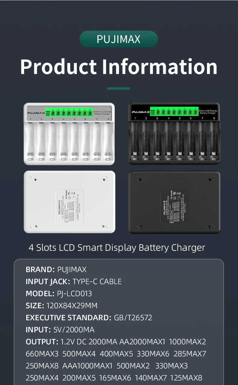 PUJIMAX 8-Slots LCD Display Fast Smart Battery Charger Type-C Charging For 1.2V Ni-MH Ni-CD AA AAA Rechargeable Battery Charger