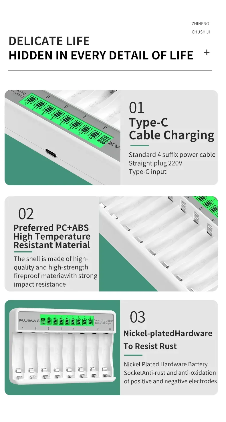PUJIMAX 8-Slots LCD Display Fast Smart Battery Charger Type-C Charging For 1.2V Ni-MH Ni-CD AA AAA Rechargeable Battery Charger