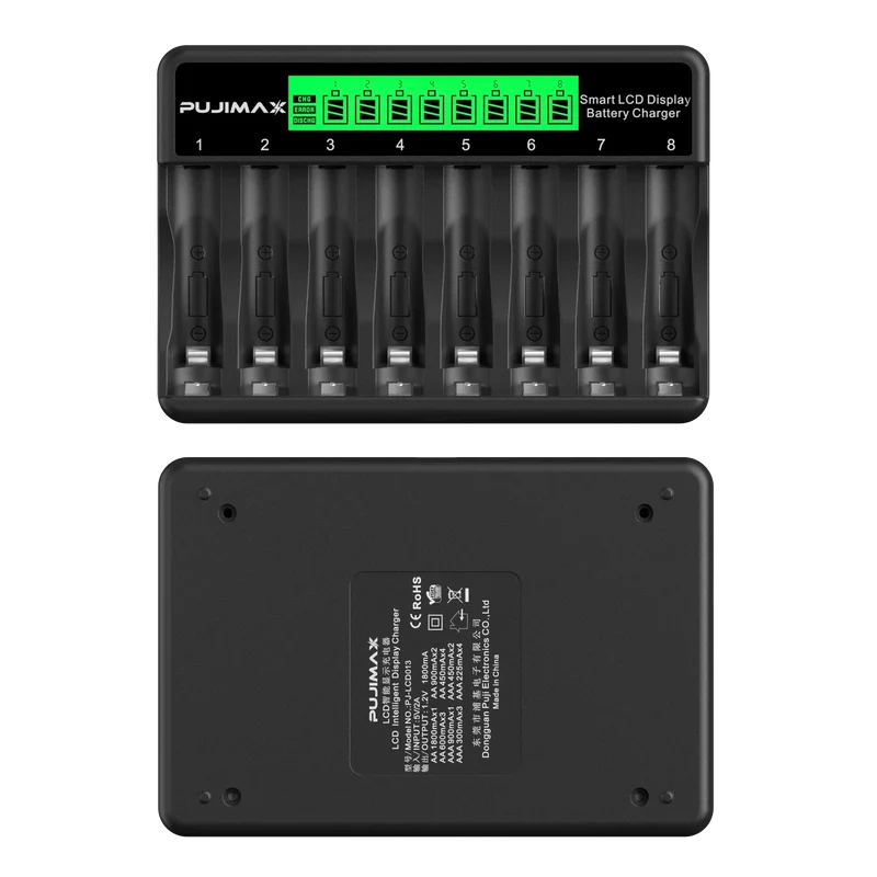 PUJIMAX 8-Slots LCD Display Fast Smart Battery Charger Type-C Charging For 1.2V Ni-MH Ni-CD AA AAA Rechargeable Battery Charger