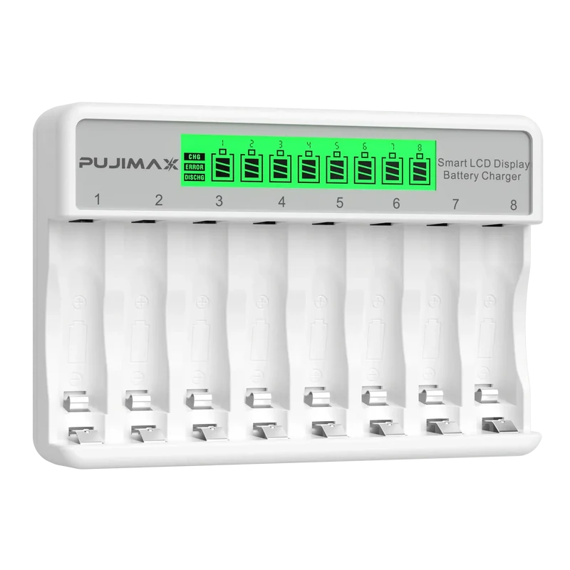 PUJIMAX 8-Slots LCD Display Fast Smart Battery Charger Type-C Charging For 1.2V Ni-MH Ni-CD AA AAA Rechargeable Battery Charger