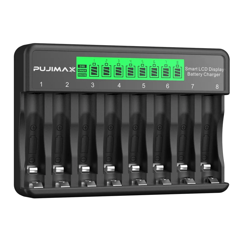 PUJIMAX 8-Slots LCD Display Fast Smart Battery Charger Type-C Charging For 1.2V Ni-MH Ni-CD AA AAA Rechargeable Battery Charger