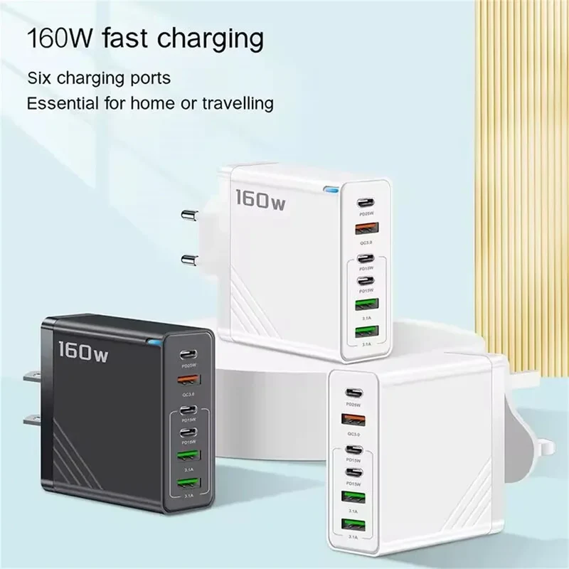 160W Fast Charge Phone Charger Adapter Multi Port USB Type C Charger For iPhone Samsung Xiaomi Huawei EU/US/UK Plug Wall Charger
