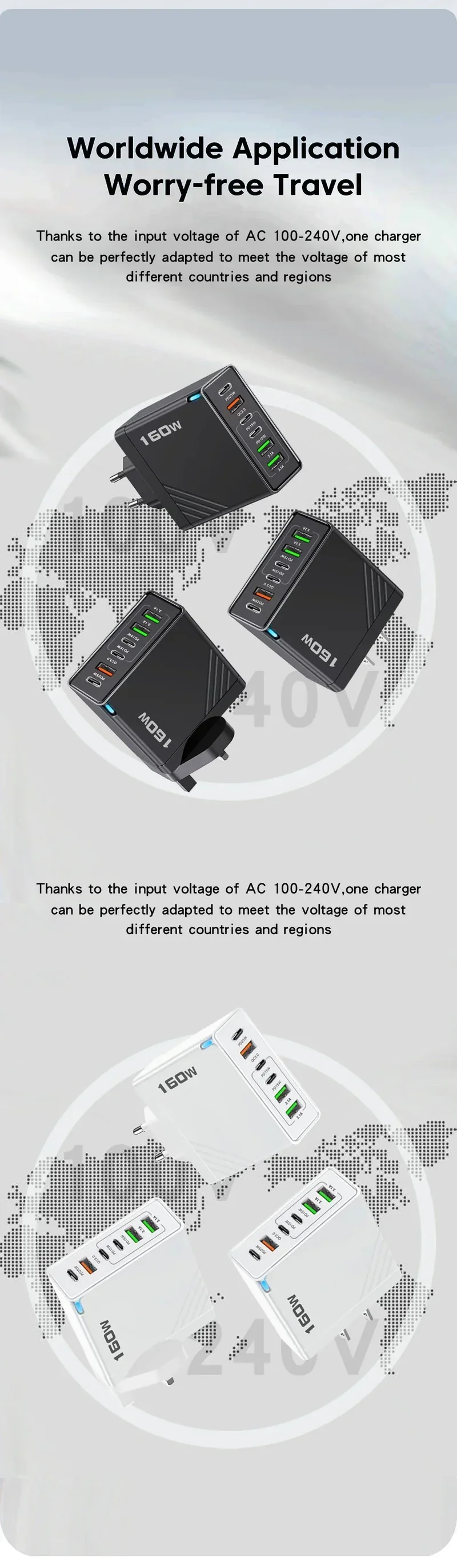 160W Fast Charge Phone Charger Adapter Multi Port USB Type C Charger For iPhone Samsung Xiaomi Huawei EU/US/UK Plug Wall Charger