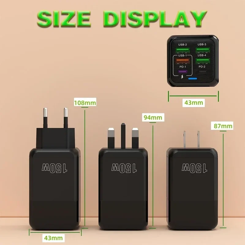 150W Multi Port USB Charger 6 Ports Fast Charge Phone Charger Wall Adapter For iPhone Samsung Xiaomi EU/US/UK Plug Quick Charger