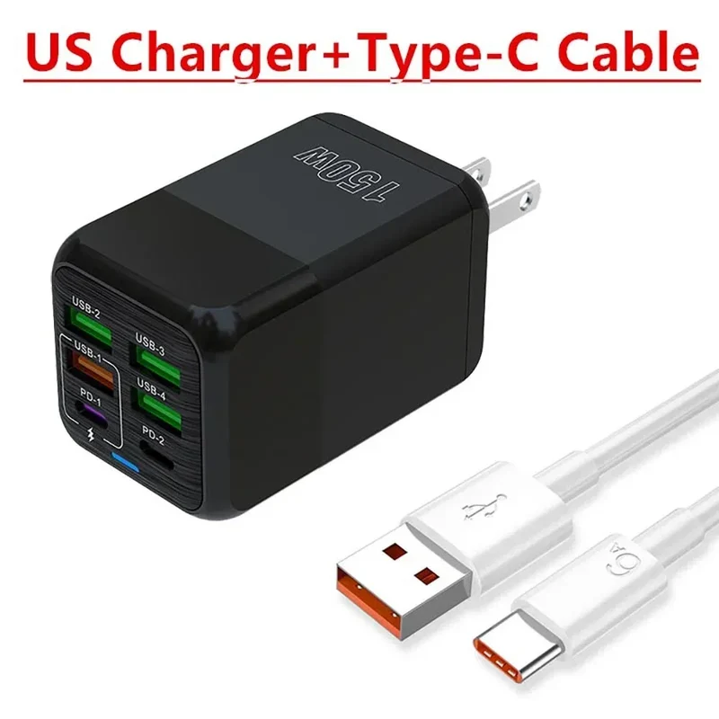 150W Multi Port USB Charger 6 Ports Fast Charge Phone Charger Wall Adapter For iPhone Samsung Xiaomi EU/US/UK Plug Quick Charger