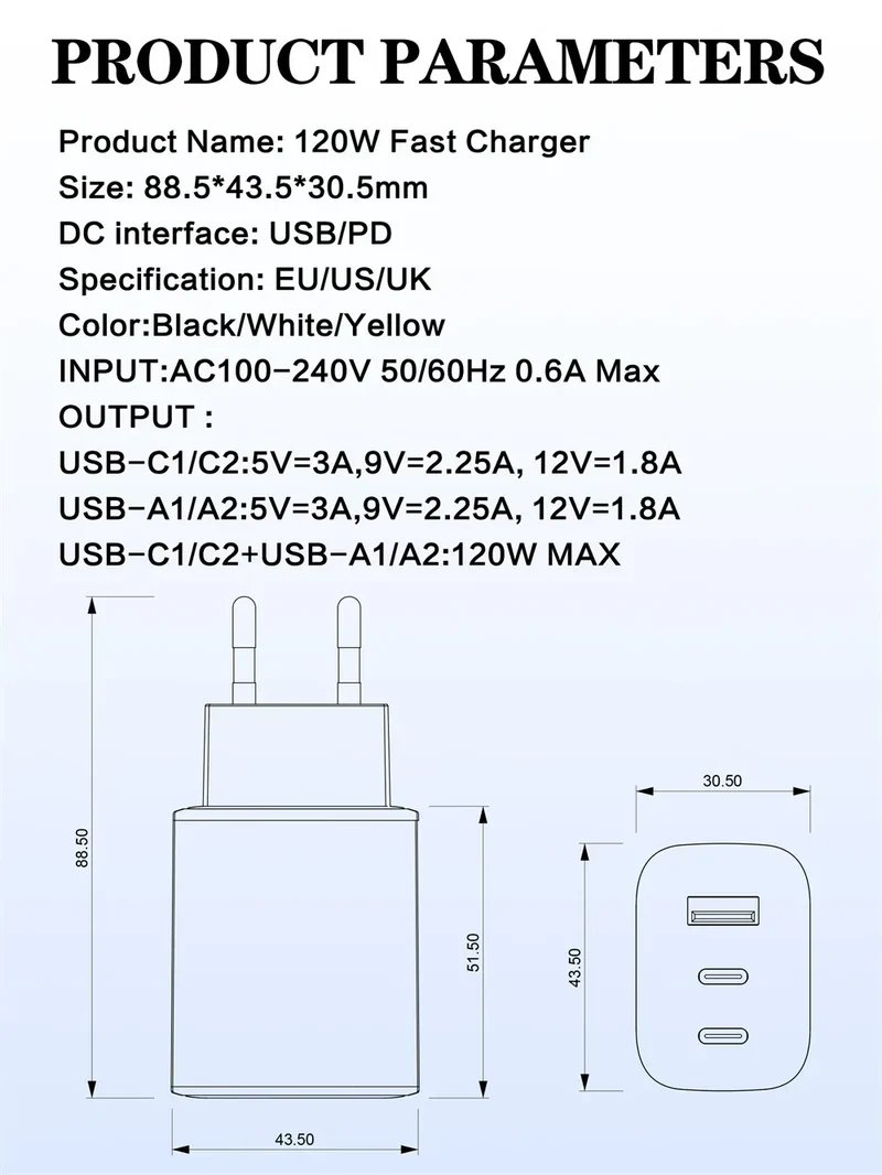 Total 120W USB C PD Charger QC 3.0 Type C Fast Charging Phones Wall Adapter for iPhone 16 Samsung Xiaomi POCO 3 In 1 USB Charger