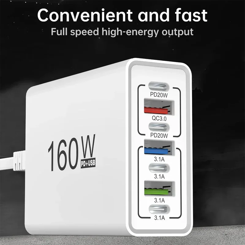 160W 7 Ports USB Charger USB Type C Wall Charger Adapter For Xiaomi iPhone Samsung POCO EU/US Plug USB PD Travel Chargers Socket