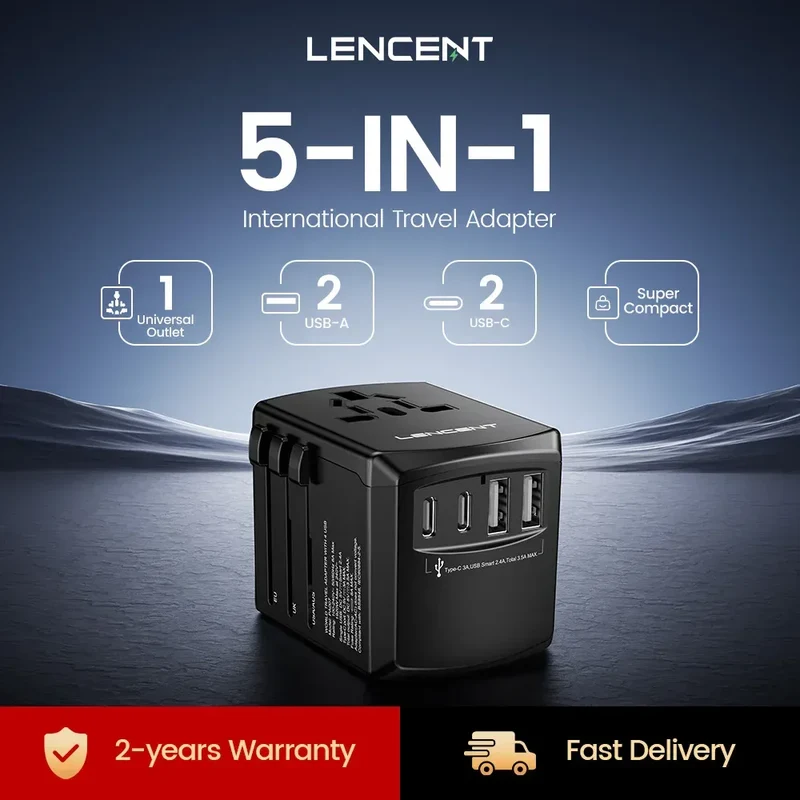 LENCENT Universal Travel Adapter International Plug Adaptor with 2 USB-C +2 USB-A Ports Wall Charger for EU UK USA AUS Travel