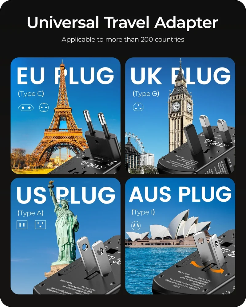 LENCENT Universal Travel Adapter International Plug Adaptor with 2 USB-C +2 USB-A Ports Wall Charger for EU UK USA AUS Travel