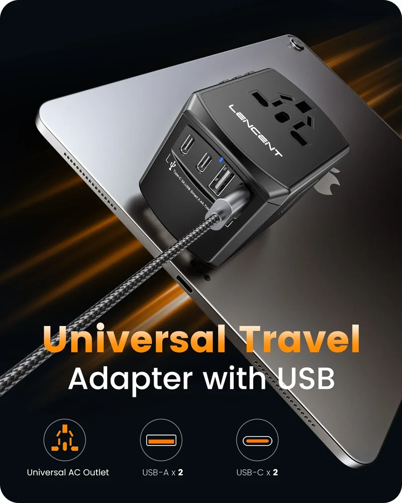 LENCENT Universal Travel Adapter International Plug Adaptor with 2 USB-C +2 USB-A Ports Wall Charger for EU UK USA AUS Travel