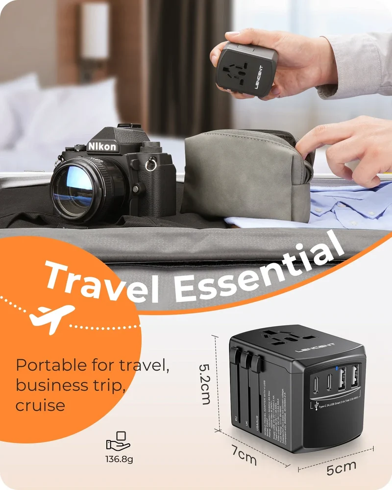 LENCENT Universal Travel Adapter International Plug Adaptor with 2 USB-C +2 USB-A Ports Wall Charger for EU UK USA AUS Travel