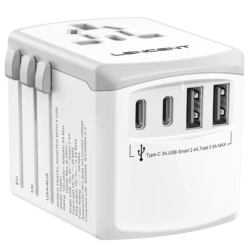 LENCENT Universal Travel Adapter International Plug Adaptor with 2 USB-C +2 USB-A Ports Wall Charger for EU UK USA AUS Travel