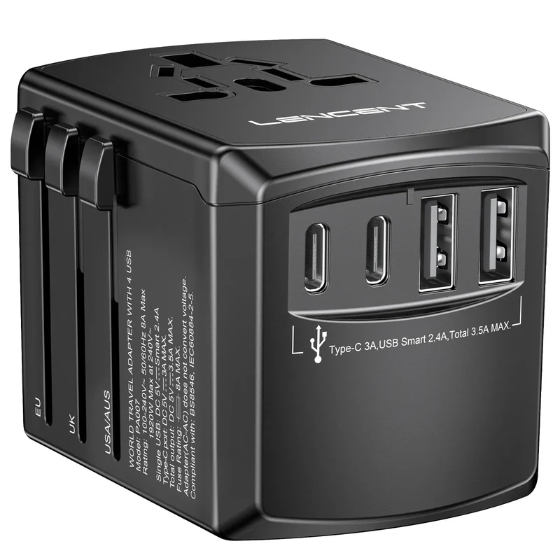 LENCENT Universal Travel Adapter International Plug Adaptor with 2 USB-C +2 USB-A Ports Wall Charger for EU UK USA AUS Travel