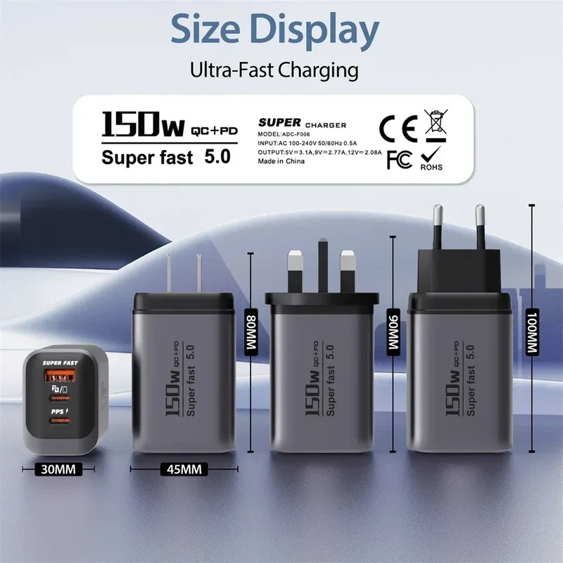 Multi Ports USB Type C Fast Charger 150W Super Charging Wall EU/US/UK Plug Charger Quick Charge3.0 USB Adapter PD3.0 Charge Head
