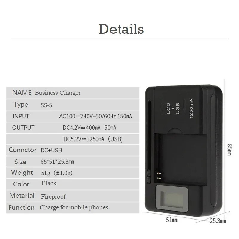 Mobile Battery Charger Universal LCD Indicator Screen USB-Port For Cell Phone Chargers 32-55mm Battery Charging US UK EU Plug