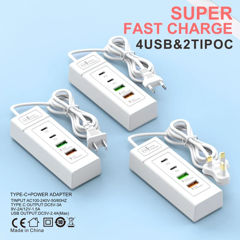 4 Ports USB Fast Charging Charger Type C Wall Charger For iPhone Samsung Xiaomi Huawei Phone Charger EU/US/UK Plug Power Adapter