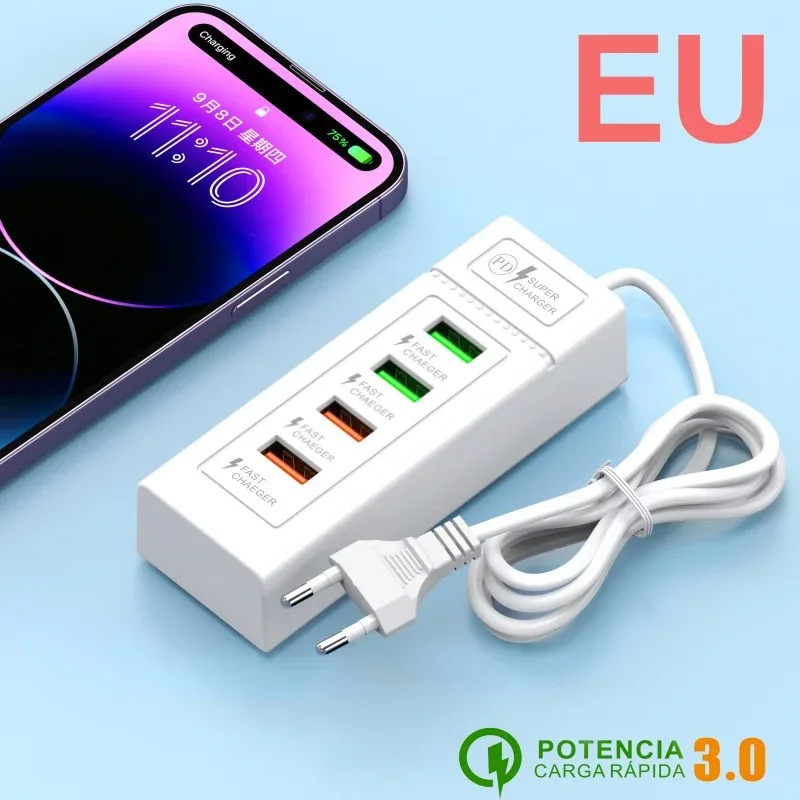 4 Ports USB Fast Charging Charger Type C Wall Charger For iPhone Samsung Xiaomi Huawei Phone Charger EU/US/UK Plug Power Adapter