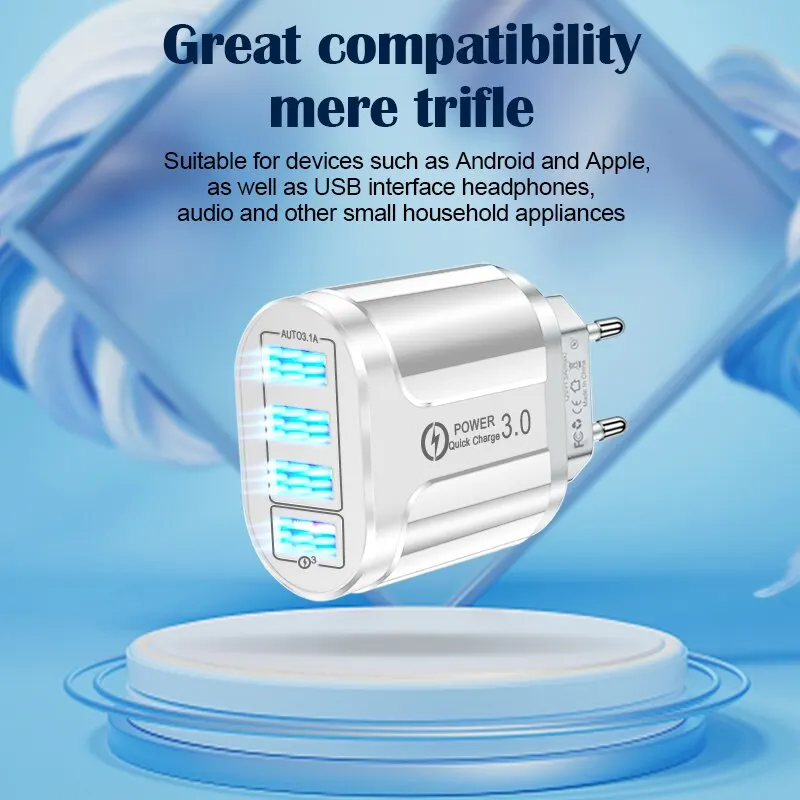 48W Fast Wall Chargers EU/US Plug 4 Port USB Charger Quick Charge 3.0 Mobile Phone Charger For iPhone Samsung Xiaomi Huawei POCO