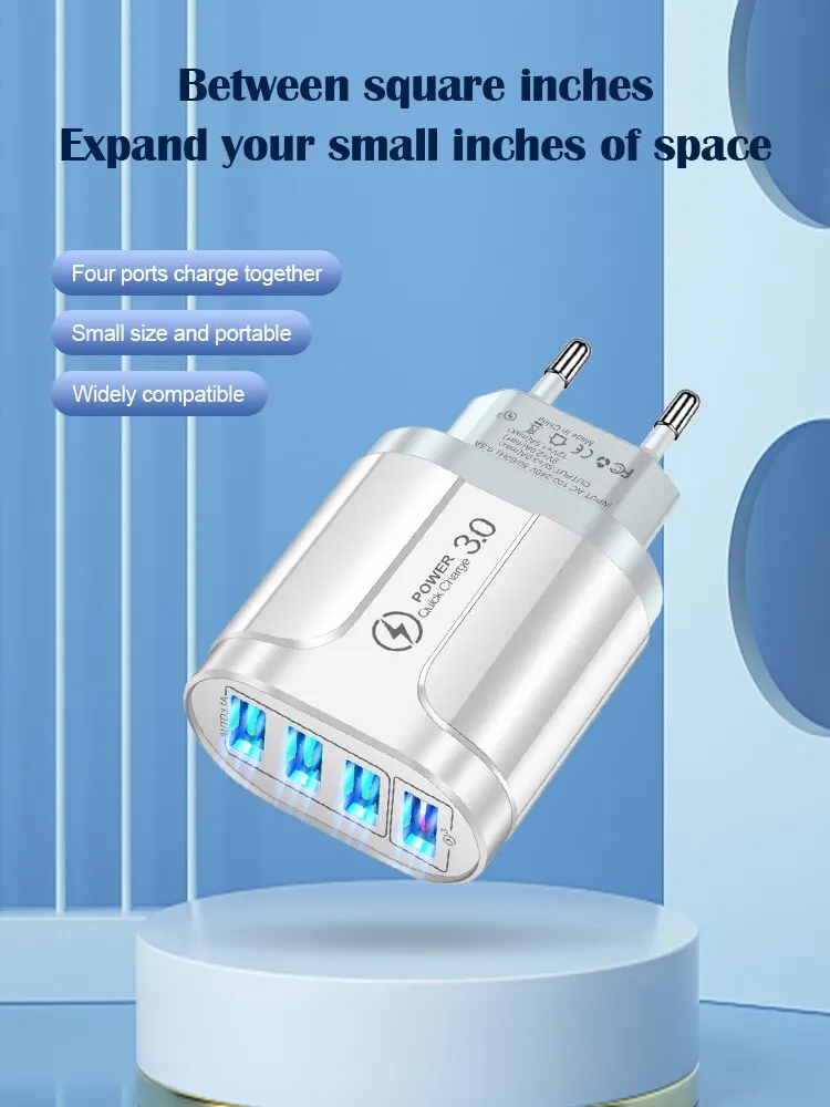48W Fast Wall Chargers EU/US Plug 4 Port USB Charger Quick Charge 3.0 Mobile Phone Charger For iPhone Samsung Xiaomi Huawei POCO