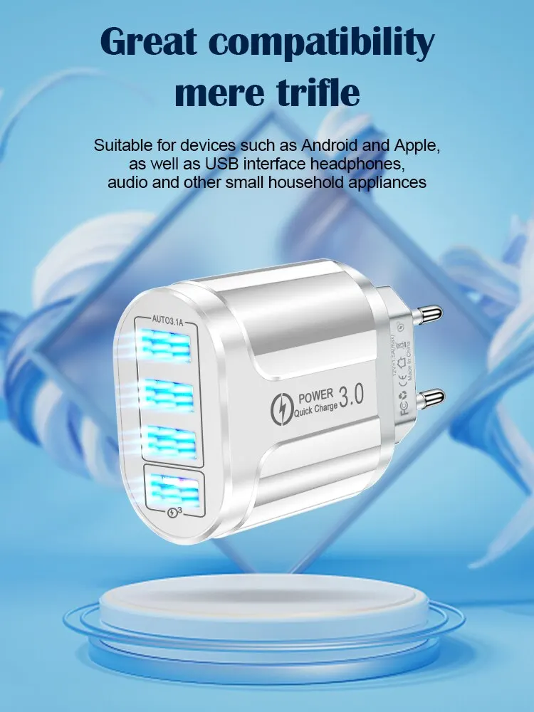 48W Fast Wall Chargers EU/US Plug 4 Port USB Charger Quick Charge 3.0 Mobile Phone Charger For iPhone Samsung Xiaomi Huawei POCO