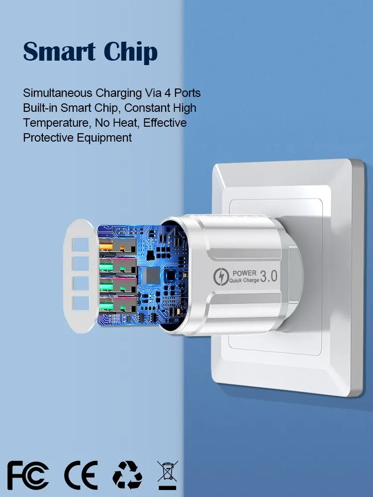 48W Fast Wall Chargers EU/US Plug 4 Port USB Charger Quick Charge 3.0 Mobile Phone Charger For iPhone Samsung Xiaomi Huawei POCO