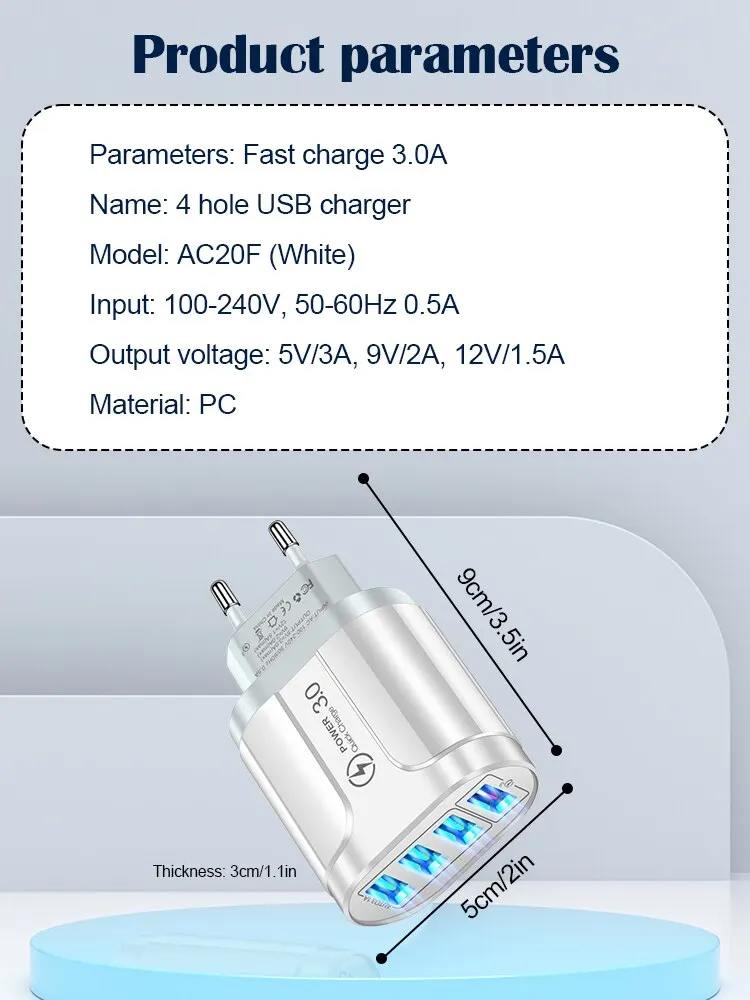 48W Fast Wall Chargers EU/US Plug 4 Port USB Charger Quick Charge 3.0 Mobile Phone Charger For iPhone Samsung Xiaomi Huawei POCO