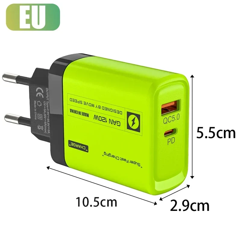 120W USB C 2Ports Charger Kit Green Wall Plug EU/US Adapter Fast Charging For iPhone iPad Samsung Xiaomi USB Type C Data Cables