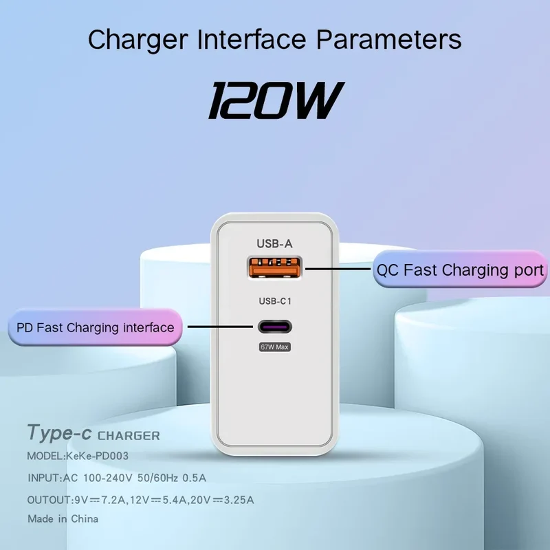 120W USB Fast Charger With Type C Cable Fast Charging Adapter For iPhone 16 Samsung Xiaomi Huawei PD Cell Phones Quick Charger