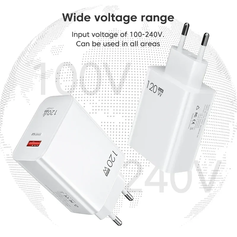 USB GaN 120W Charger Quick Charge 3.0 EU/US Plug Phone Charger Adapter Type C Wire For iPhone Samsung Xiaomi Huawei Fast Charger