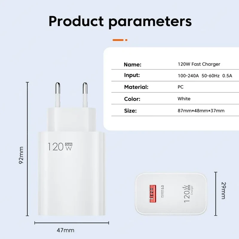 USB GaN 120W Charger Quick Charge 3.0 EU/US Plug Phone Charger Adapter Type C Wire For iPhone Samsung Xiaomi Huawei Fast Charger