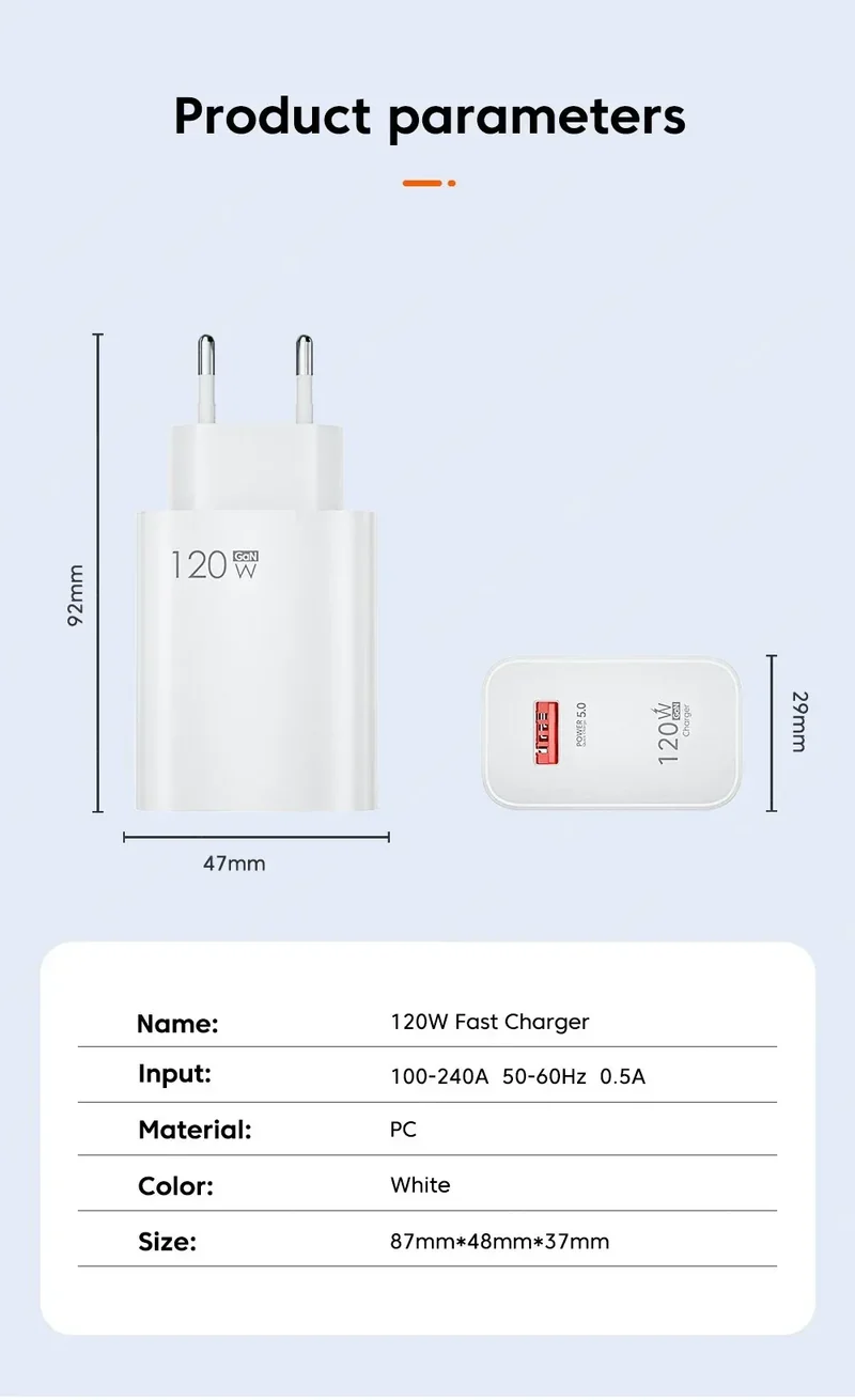 USB GaN 120W Charger Quick Charge 3.0 EU/US Plug Phone Charger Adapter Type C Wire For iPhone Samsung Xiaomi Huawei Fast Charger