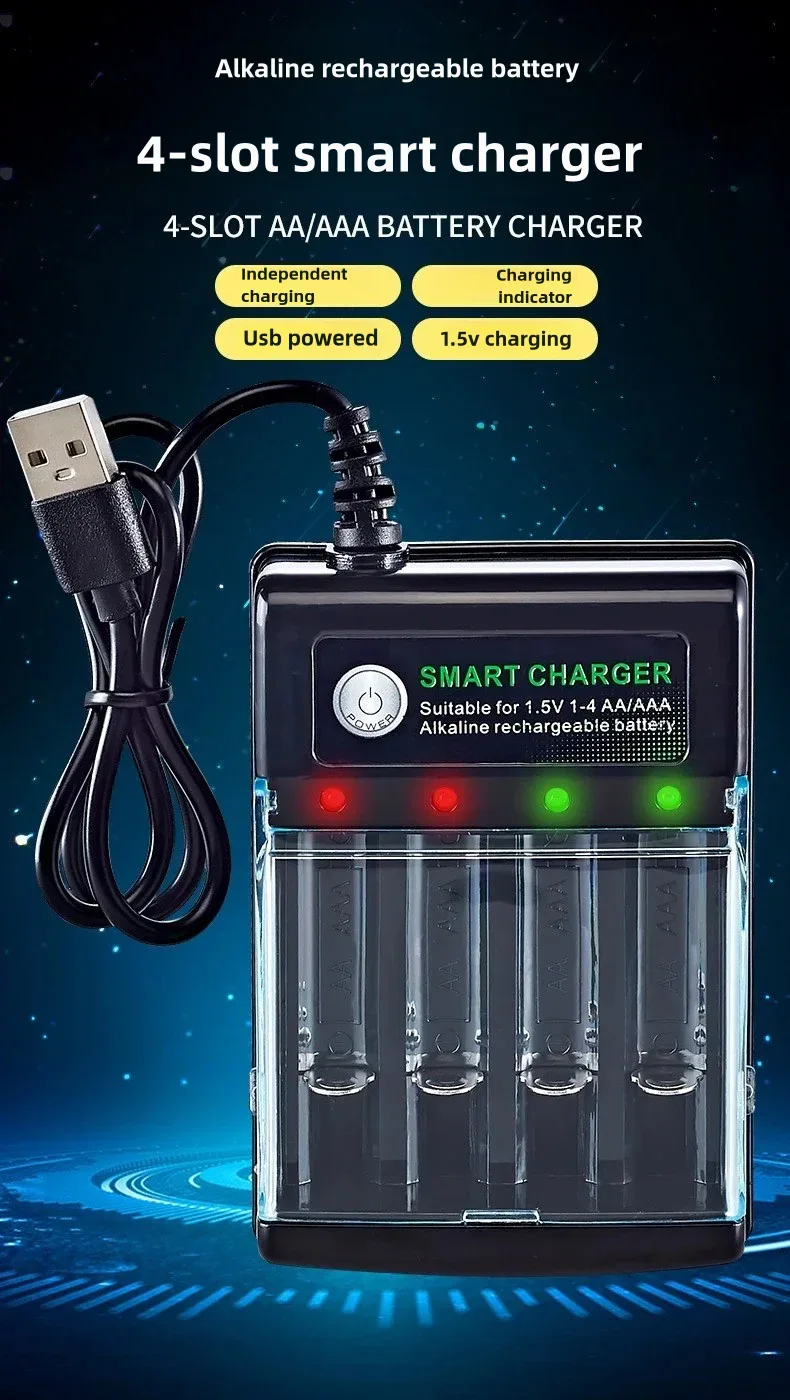1.5V USB 4 slots Charger Independent Charging AA alkaline battery charger Smart Portable Rechargeable Battery Charger with cover