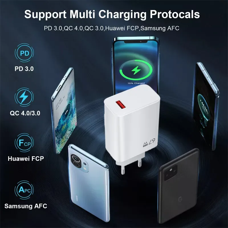 EU US UK Plug 67W 6A USB Fast Charger For Xiaomi 10T 11 12 Lite 13T Redmi Note 10 11T 12 13 POCO X4 X5 F5 Type C Charging Cable