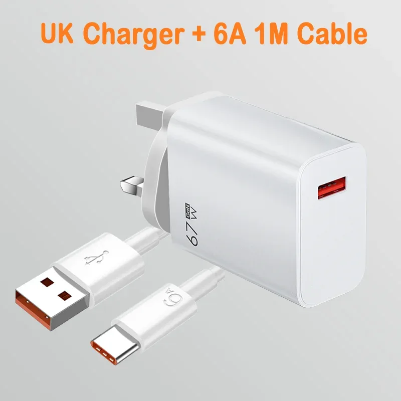 EU US UK Plug 67W 6A USB Fast Charger For Xiaomi 10T 11 12 Lite 13T Redmi Note 10 11T 12 13 POCO X4 X5 F5 Type C Charging Cable