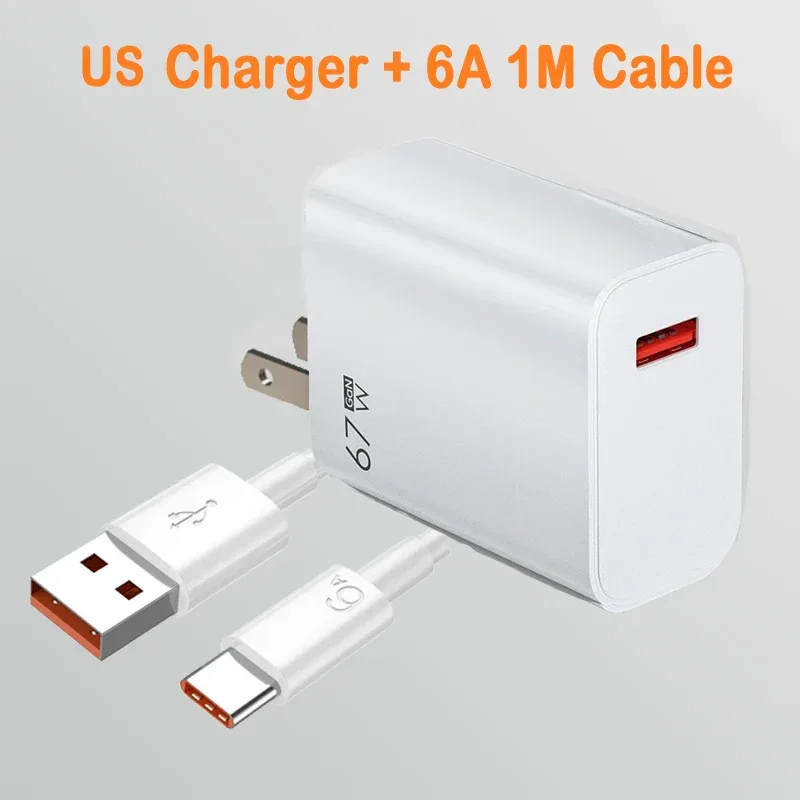 EU US UK Plug 67W 6A USB Fast Charger For Xiaomi 10T 11 12 Lite 13T Redmi Note 10 11T 12 13 POCO X4 X5 F5 Type C Charging Cable
