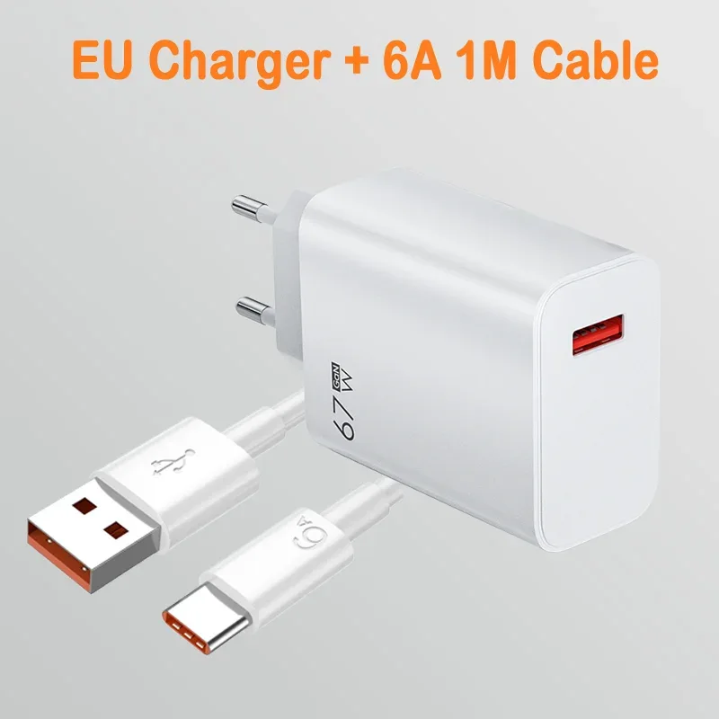EU US UK Plug 67W 6A USB Fast Charger For Xiaomi 10T 11 12 Lite 13T Redmi Note 10 11T 12 13 POCO X4 X5 F5 Type C Charging Cable