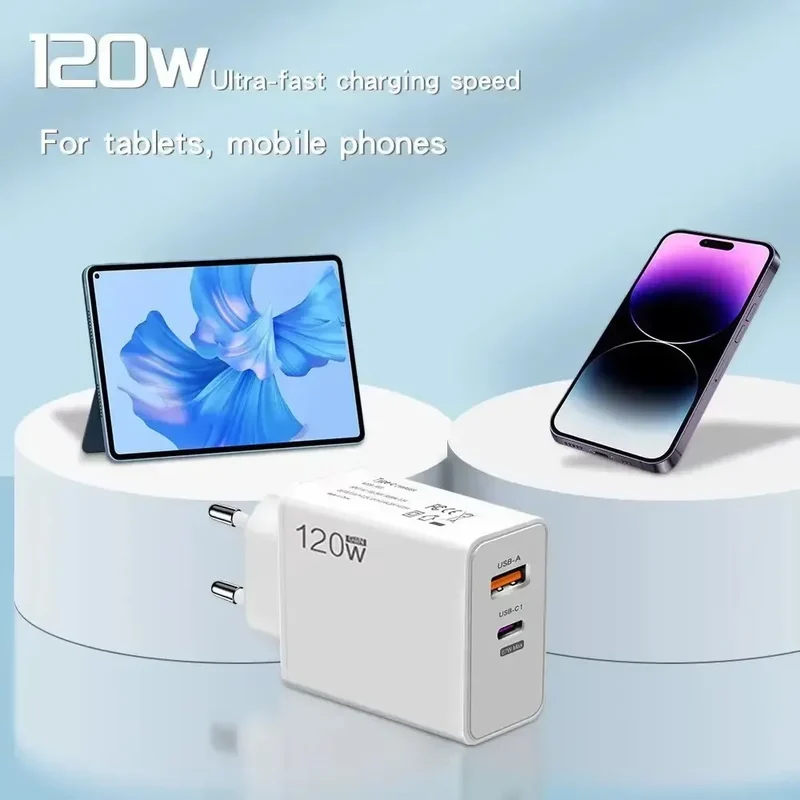 120W Type C USB Phone Charger Fast Charging Data Cable Mobile Phone Power Adapter For iPhone Xiaomi Huawei Samsung Wall Charger