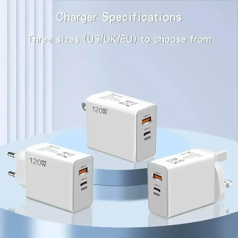 120W Type C USB Phone Charger Fast Charging Data Cable Mobile Phone Power Adapter For iPhone Xiaomi Huawei Samsung Wall Charger