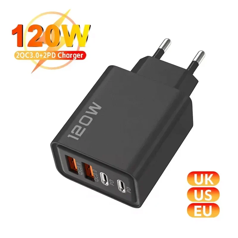 USB C Charger Total 120W 4-Port Fast Charger Mobile Phone USB Type C Charging Adapter EU/US/UK Plug For iPhone 17 Xiaomi Huawei