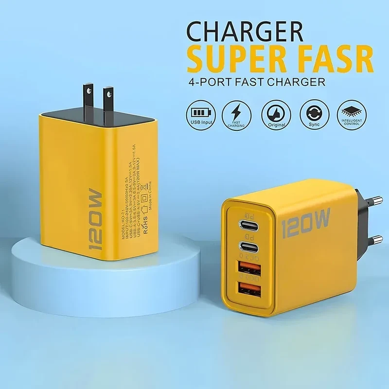 USB C Charger Total 120W 4-Port Fast Charger Mobile Phone USB Type C Charging Adapter EU/US/UK Plug For iPhone 17 Xiaomi Huawei