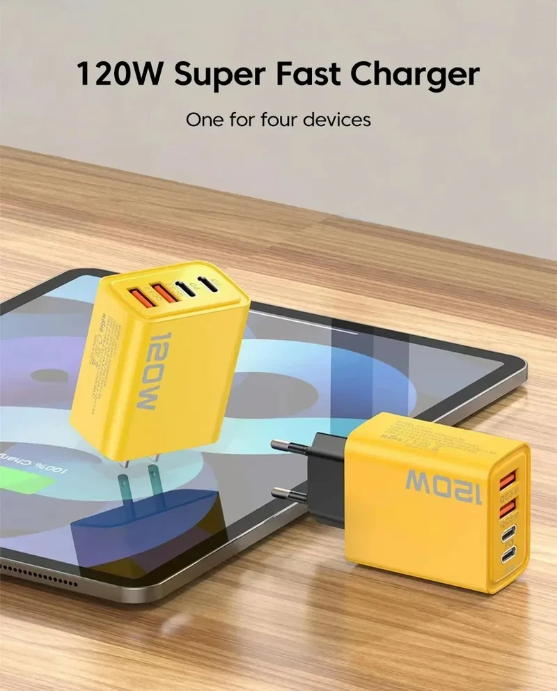 USB C Charger Total 120W 4-Port Fast Charger Mobile Phone USB Type C Charging Adapter EU/US/UK Plug For iPhone 17 Xiaomi Huawei