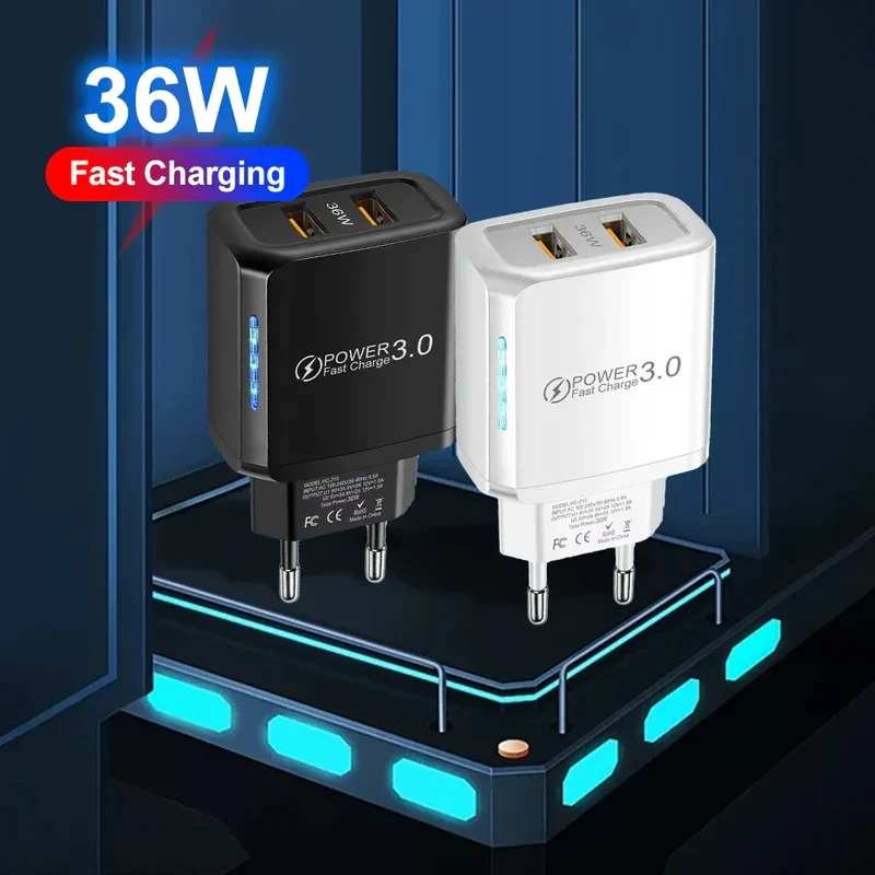 2 USB Charger 36W Fast Charging Double USB Quick Charge 3.0 for Samsung Xiaomi 14 HUAWEI OPPO Oneplus Mobile Phone Wall Adapter