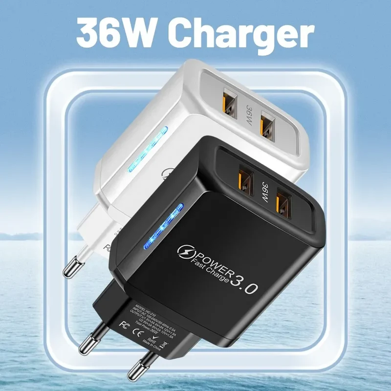 2 USB Charger 36W Fast Charging Double USB Quick Charge 3.0 for Samsung Xiaomi 14 HUAWEI OPPO Oneplus Mobile Phone Wall Adapter