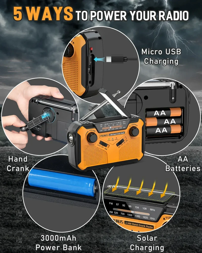 3000mAh Portable Emergency Solar Power Radio Hand Crank Charging AM/FM Weather Radio Led Reading Flashlight Bank Phone Charger