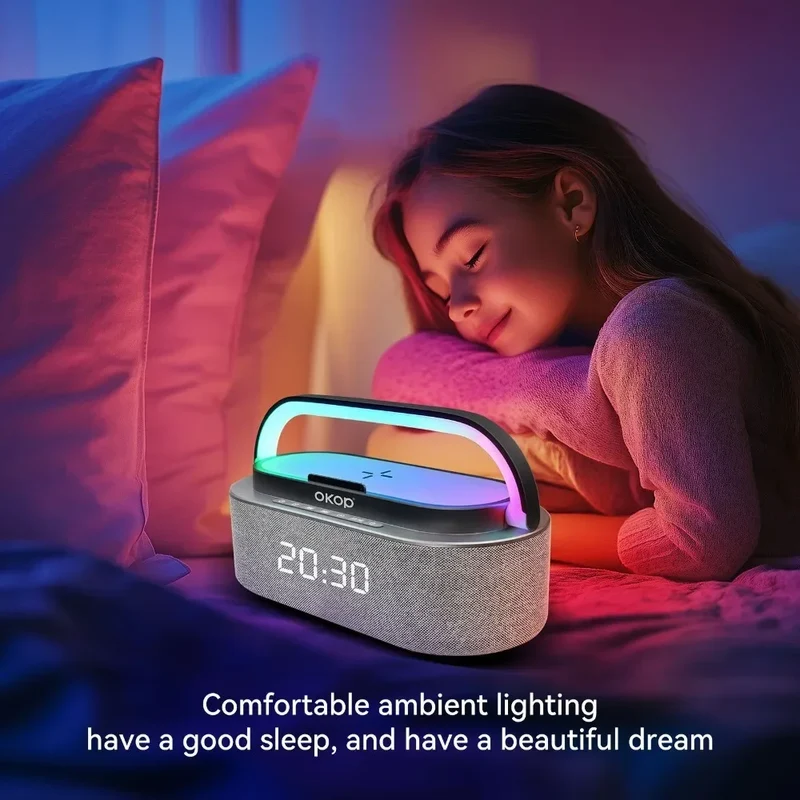 OKOP Bluetooth Speakers,6 in 1 Multi-function,Alarm Clock, Wireless Charger RGB Night Light , Audio,portable Speaker,White Noise