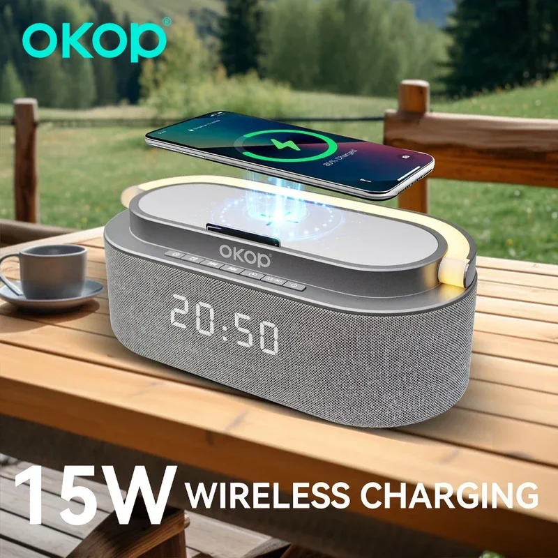 OKOP Bluetooth Speakers,6 in 1 Multi-function,Alarm Clock, Wireless Charger RGB Night Light , Audio,portable Speaker,White Noise